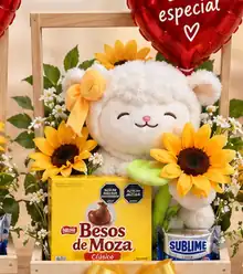Arreglo de ovejita con flores y chocolates
